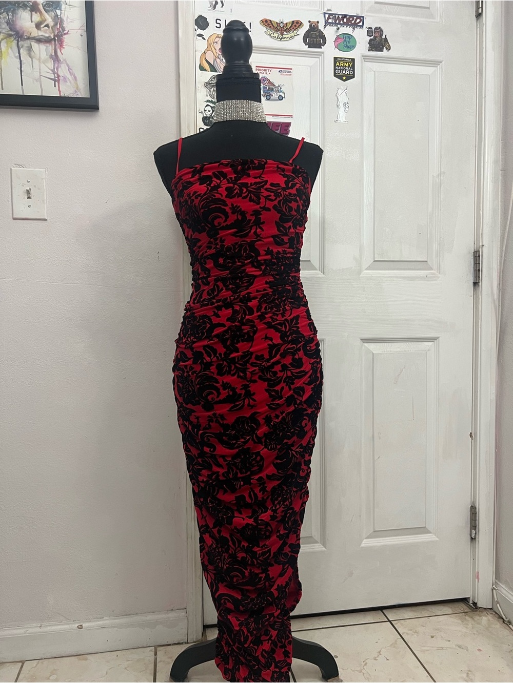 Papermoon Red and Black Floral Velvet Maxi Dress